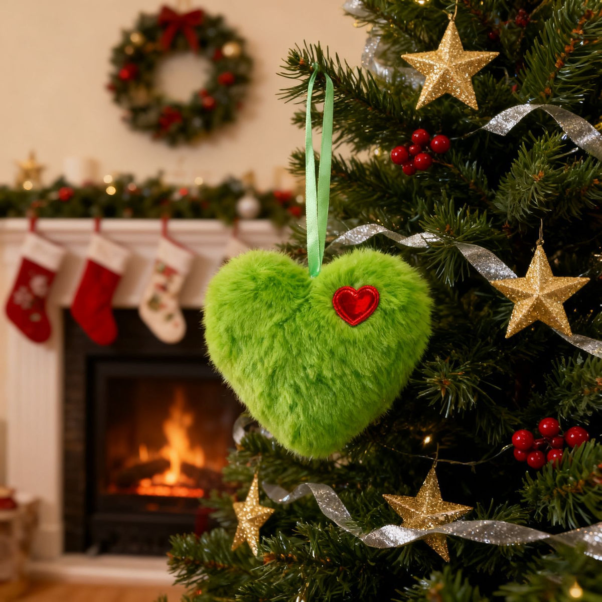Green fluffy heart Christmas ornament – photo 3
