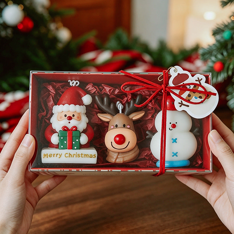 Christmas candle gift set contents, Santa, tree and snowman candles