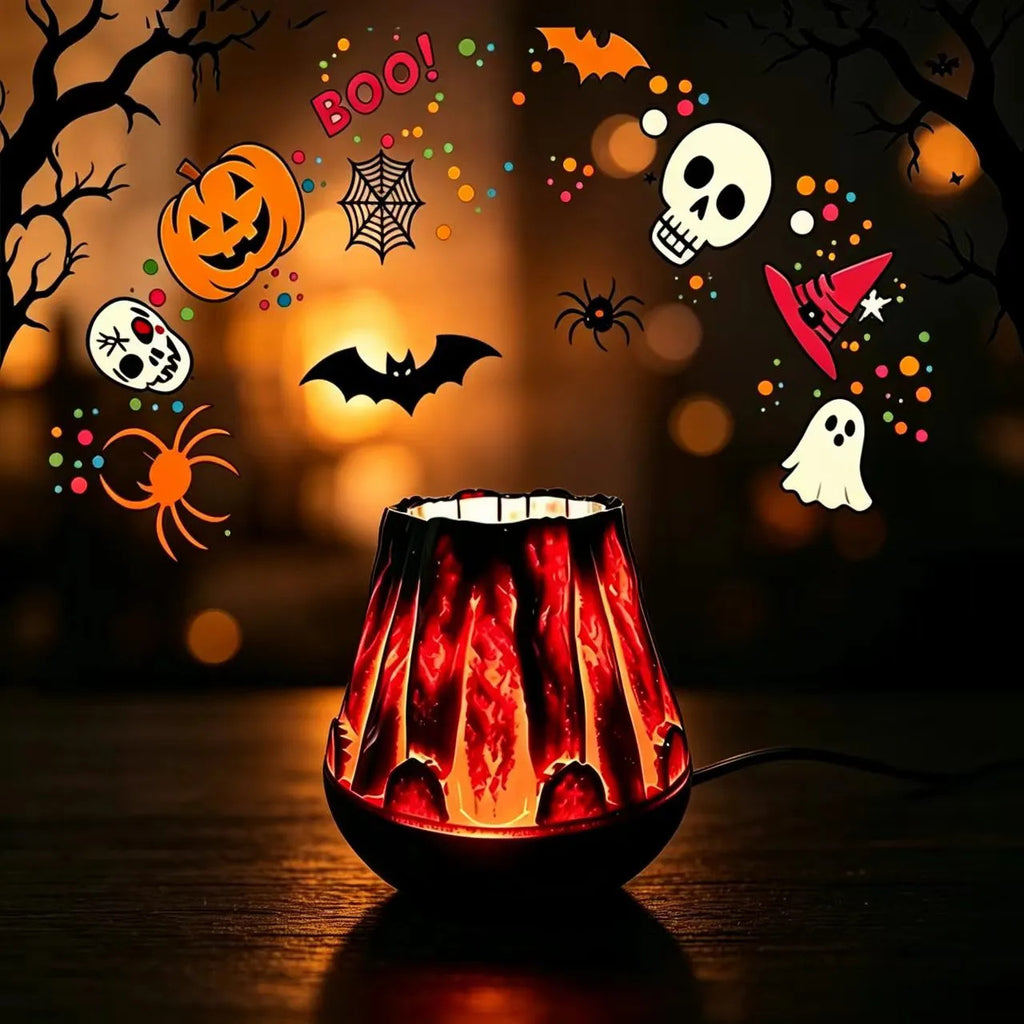 Flame effect projector lamp projecting Halloween patterns in a dark room