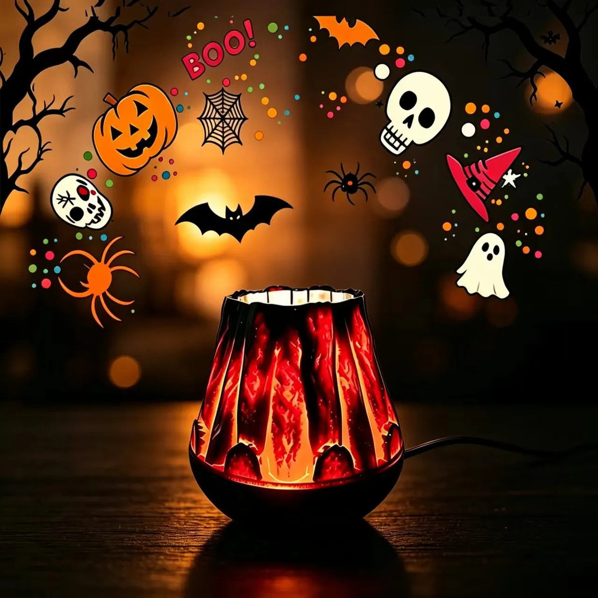 Flame effect projector lamp projecting Halloween patterns in a dark room