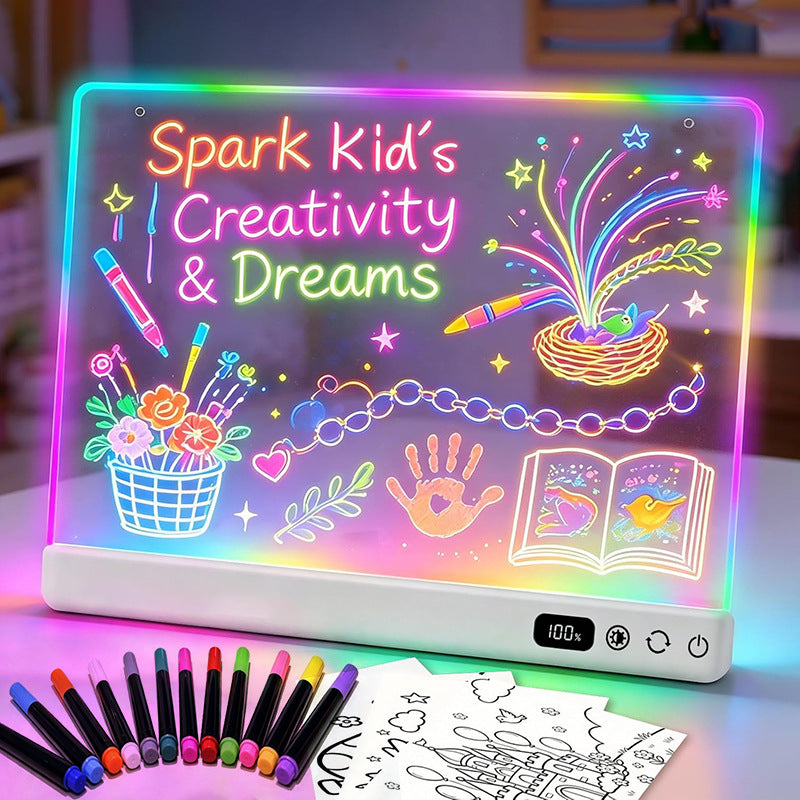 Light-up neon drawing board with colourful doodles and a marker set
