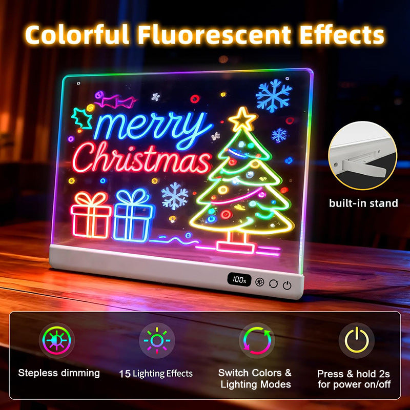 Light-up drawing board showing a neon Merry Christmas drawing with a built-in stand