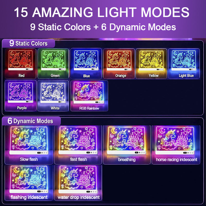 Light-up drawing board lighting modes: 9 static colours and 6 dynamic modes