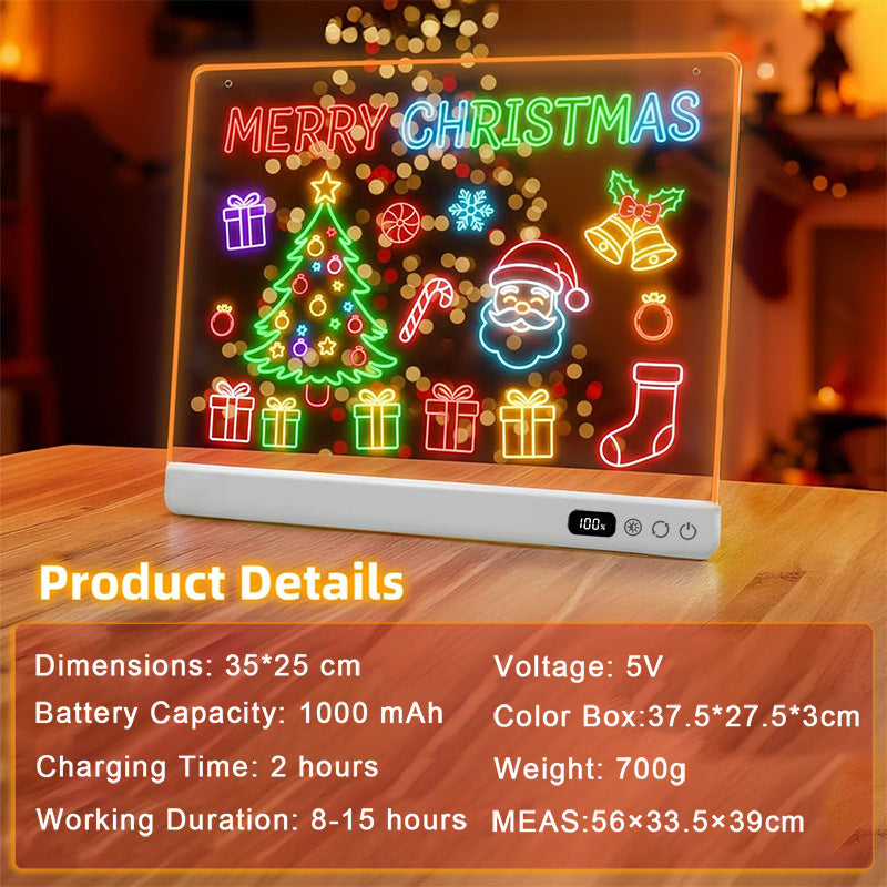 Light-up drawing board with a Christmas drawing and product dimensions