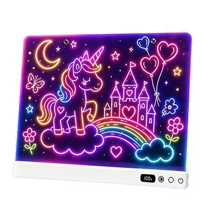 Light-up drawing board with a neon unicorn and castle drawing