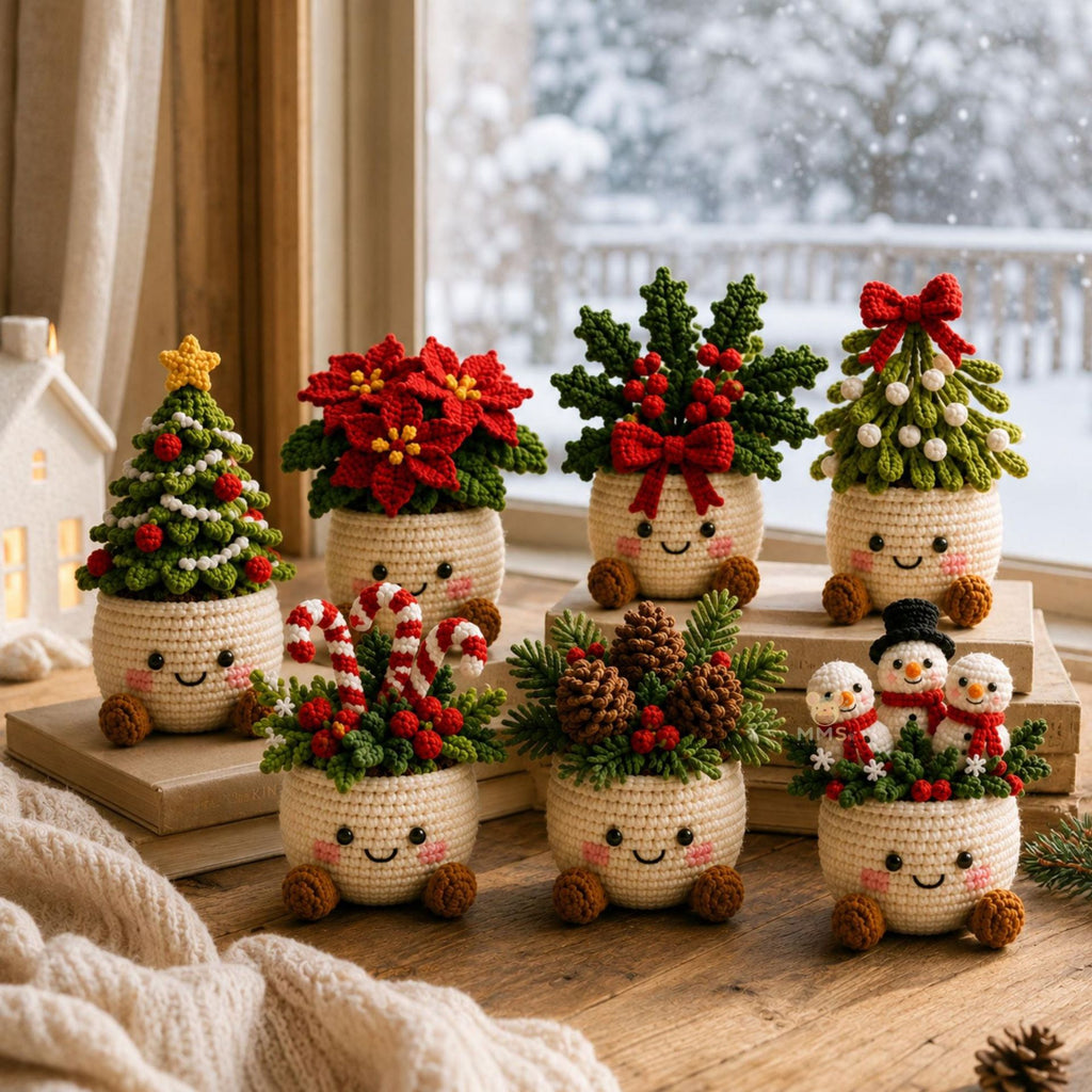 Seven crochet Christmas potted plant ornaments with smiling pots on a snowy windowsill