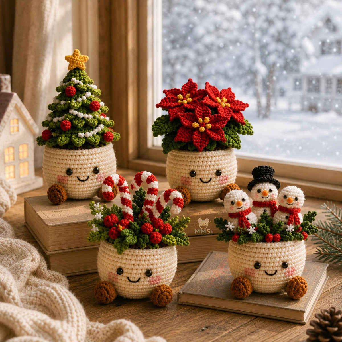 Crochet Christmas tree and poinsettia pot ornaments with candy cane and snowmen pots on a wooden desk