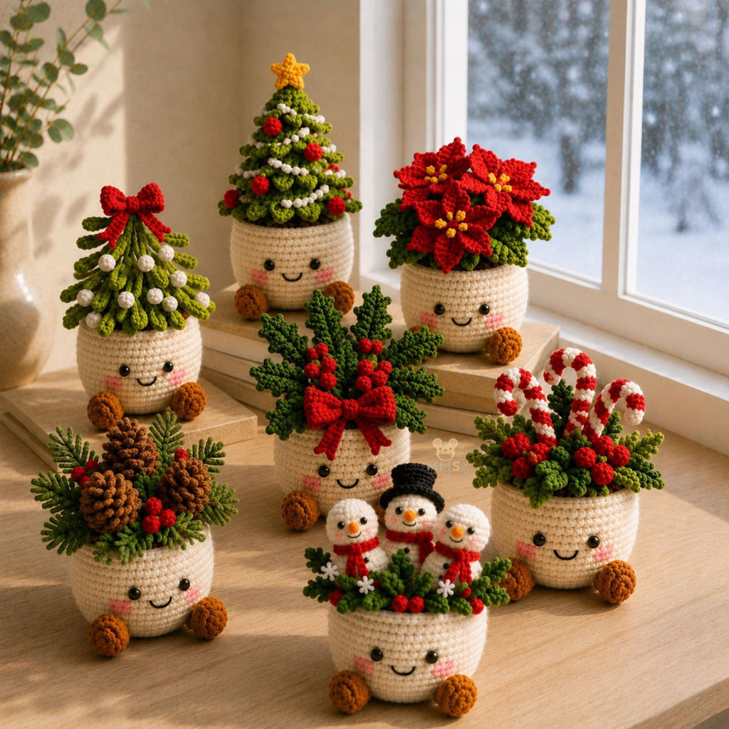 Crochet Christmas potted plant ornaments in tree, poinsettia, holly, pinecone and snowmen designs