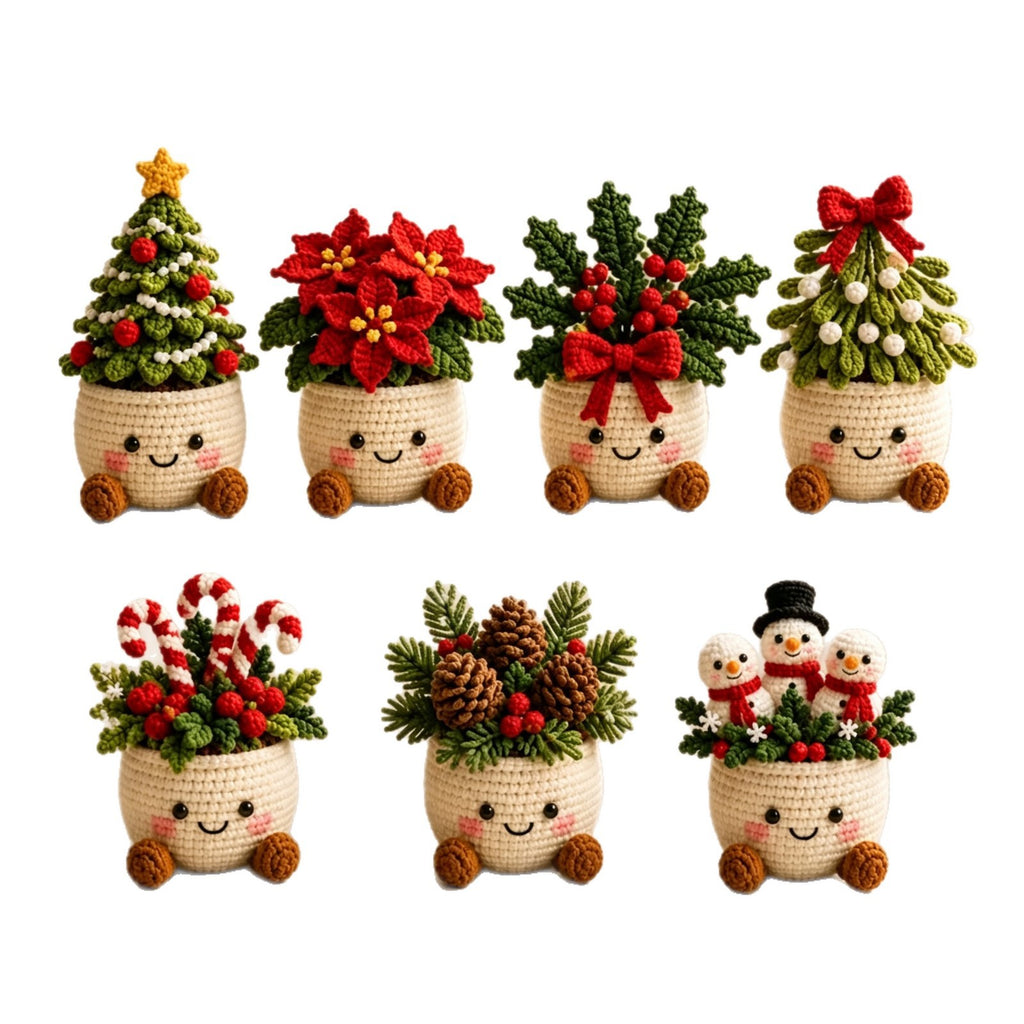 All seven crochet Christmas potted plant designs on a white background