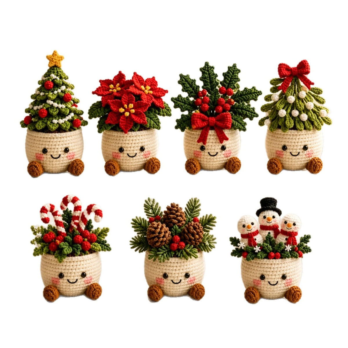 All seven crochet Christmas potted plant designs on a white background