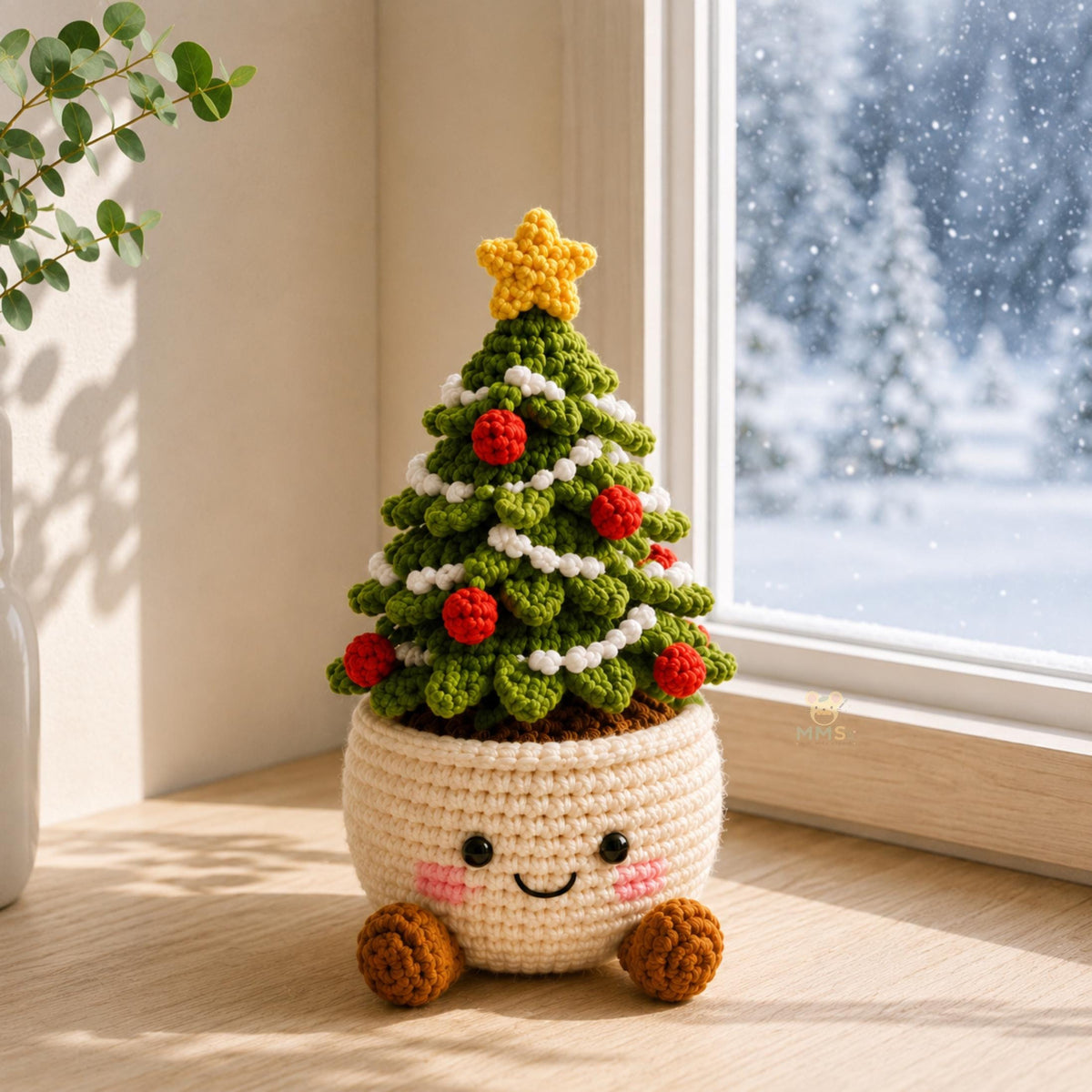 Crochet Star Christmas Tree pot ornament with gold star, red baubles and white beads