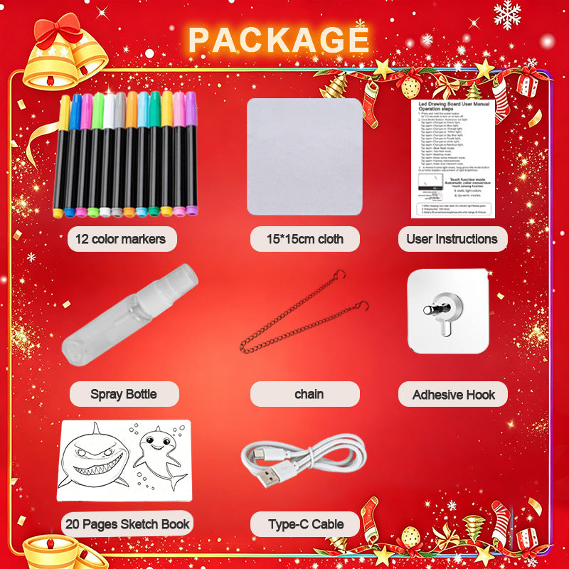 What is included with the light-up drawing board: markers, cloth, spray bottle, sketch book and cable