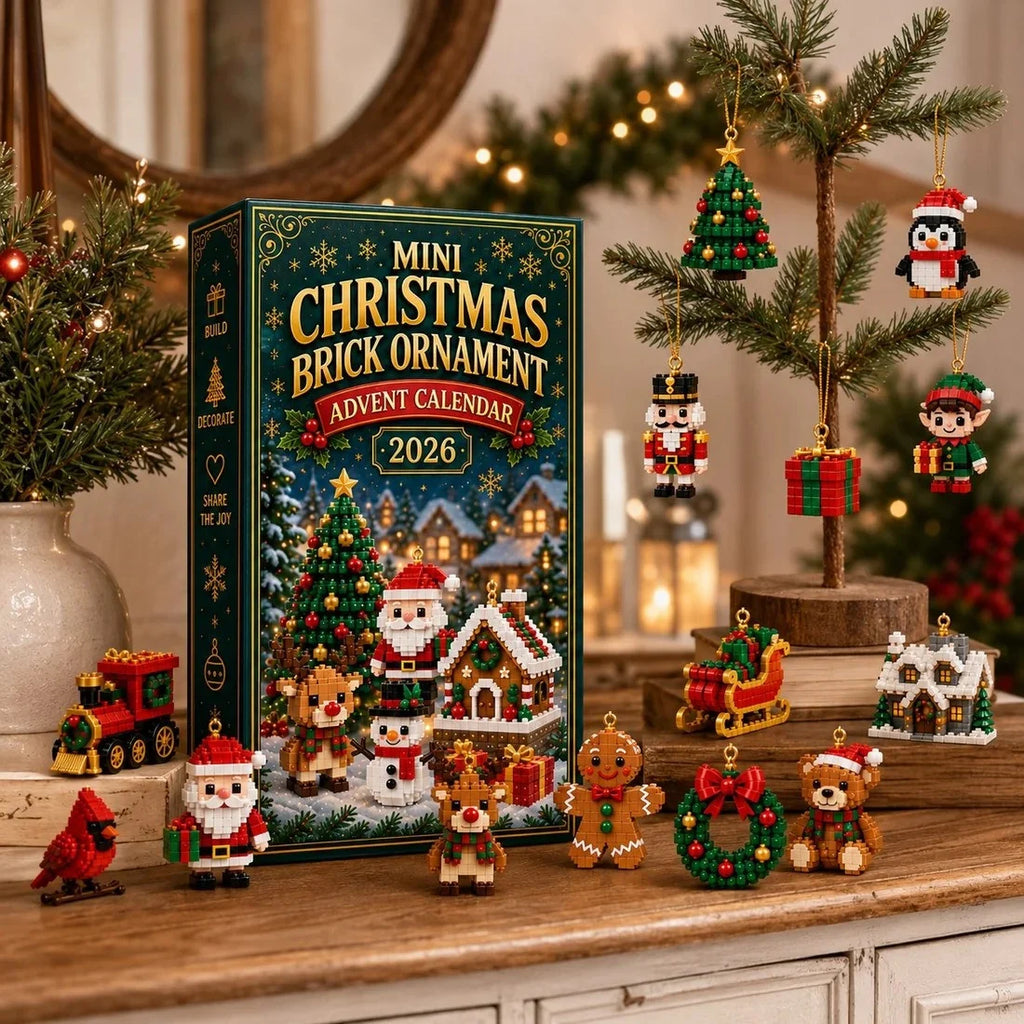 Mini brick ornaments displayed on a mantel and small tabletop tree