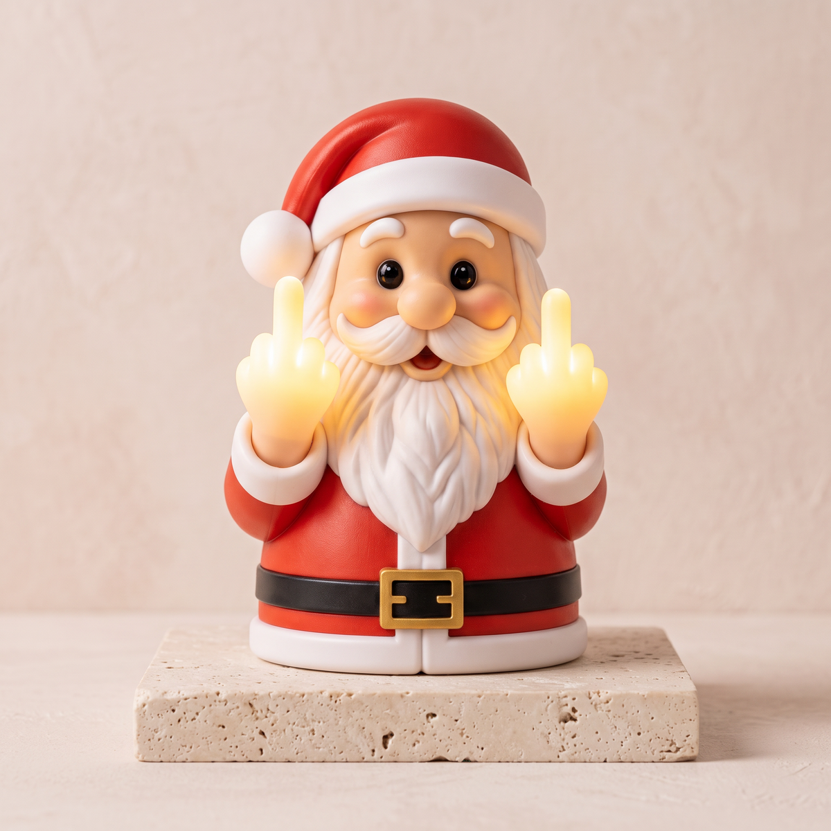 Santa Claus LED light figurine with two glowing hands on a travertine plinth