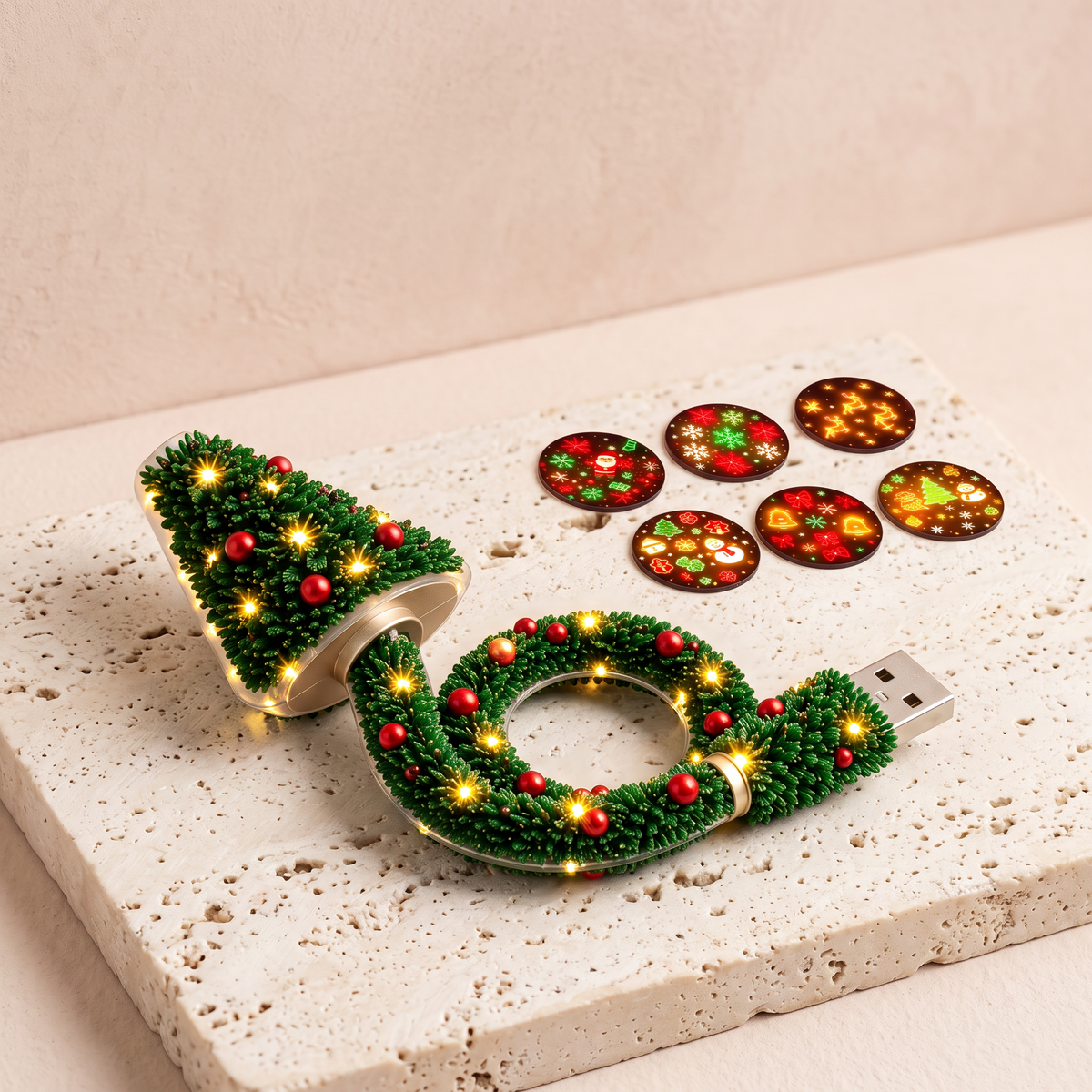 USB Christmas tree projector night light with its six pattern discs