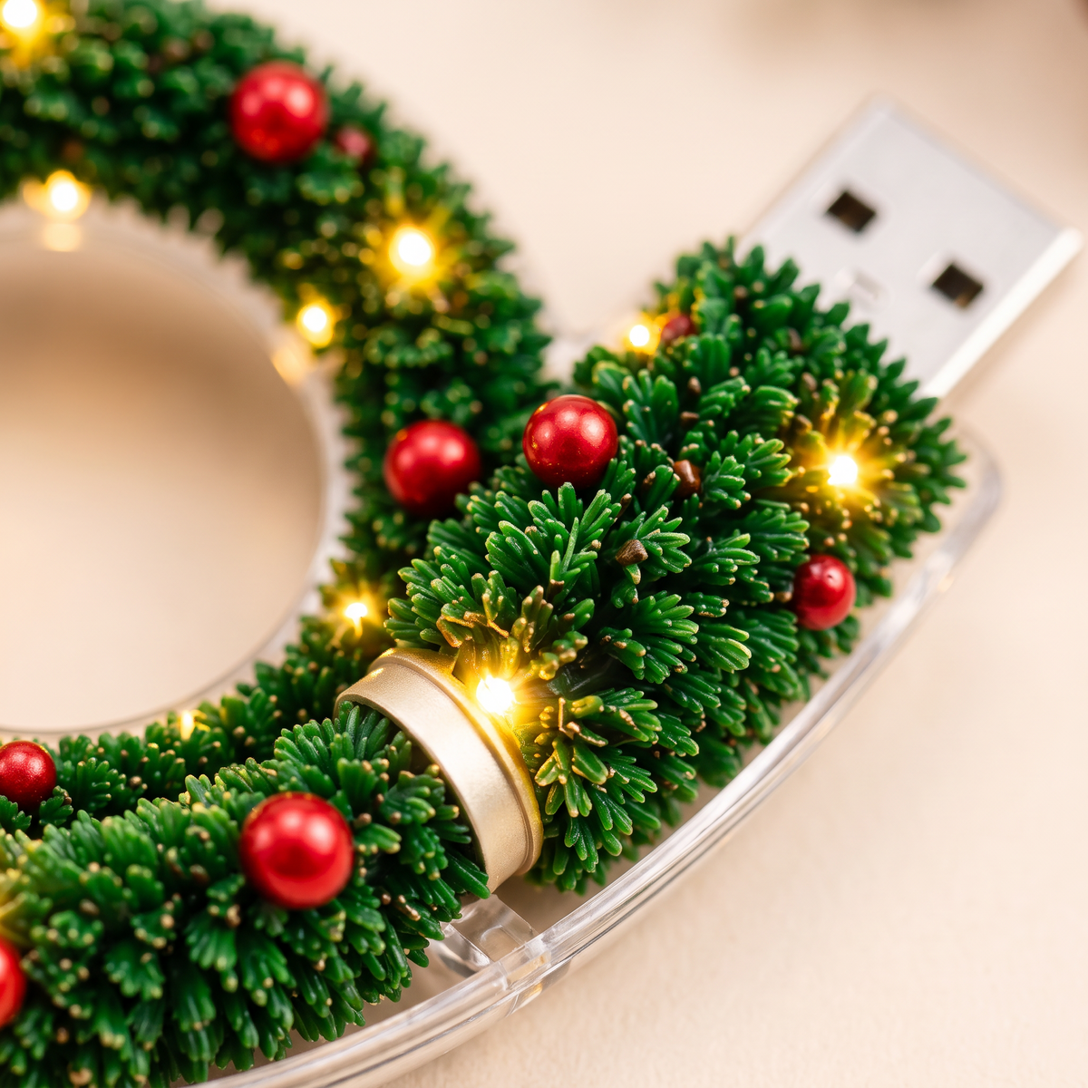 Close-up of the garland, red baubles and lights on the Christmas tree night light