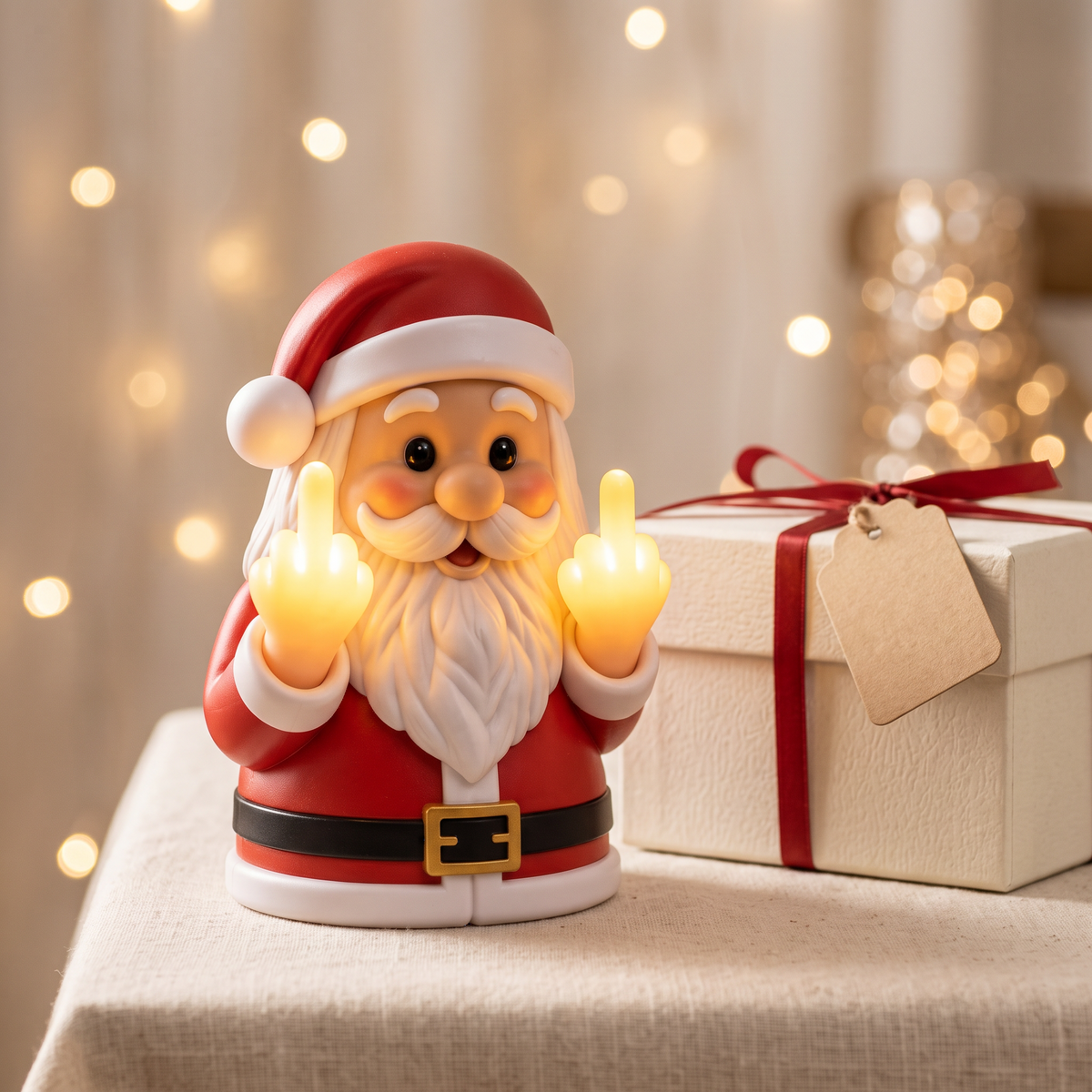 Santa LED light figurine beside an off-white gift box with a red ribbon