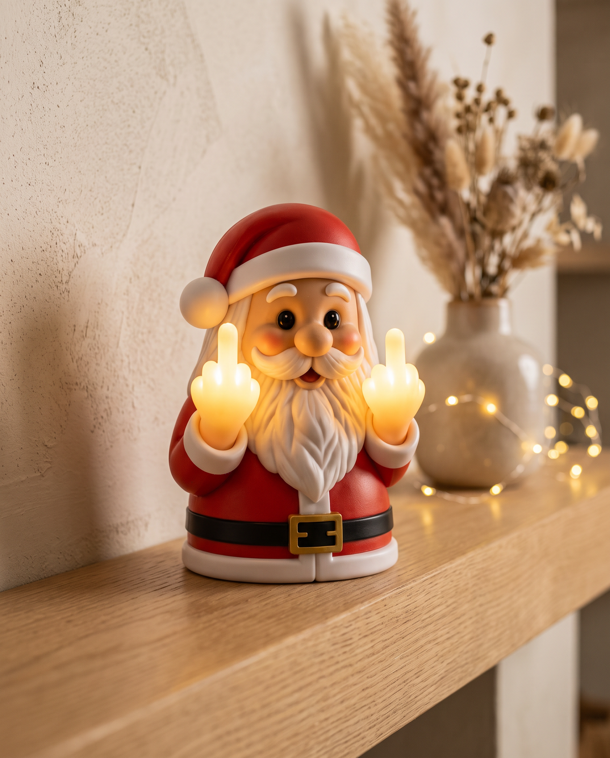 Santa LED light figurine glowing on a light oak mantel shelf at dusk
