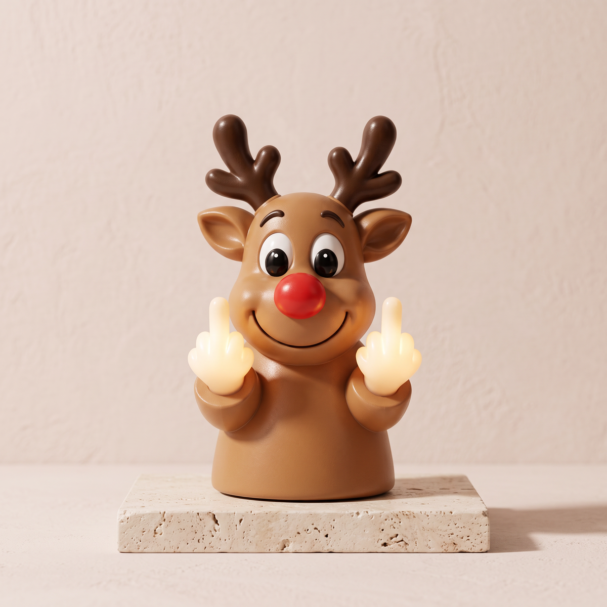 Reindeer LED light figurine with glowing hands on a travertine plinth