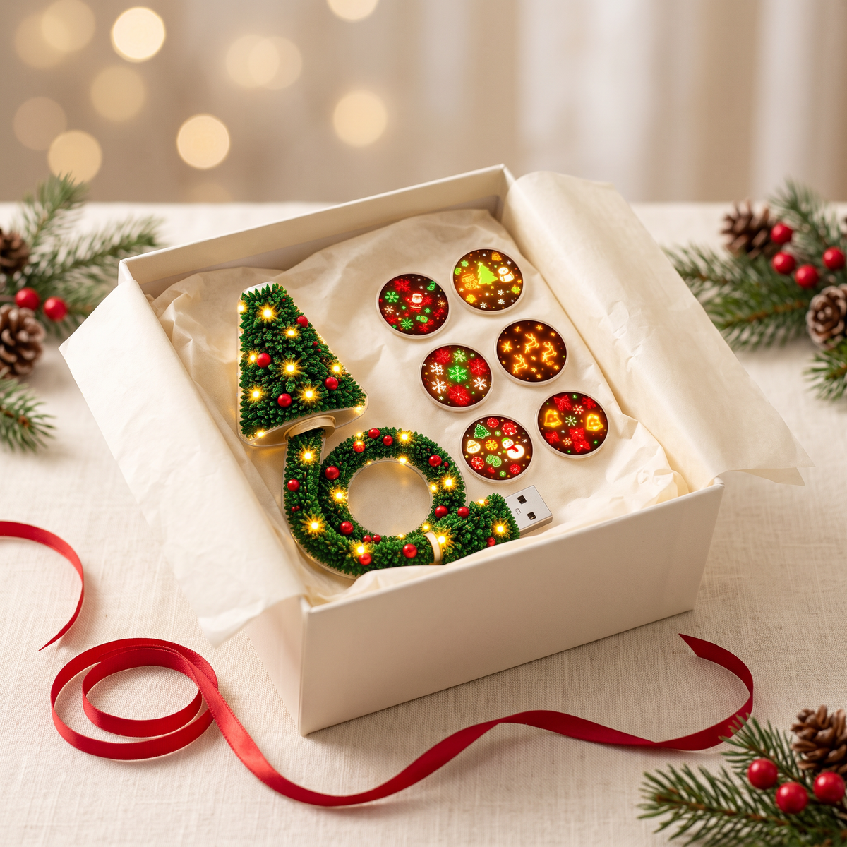 USB Christmas tree night light and discs in an open gift box