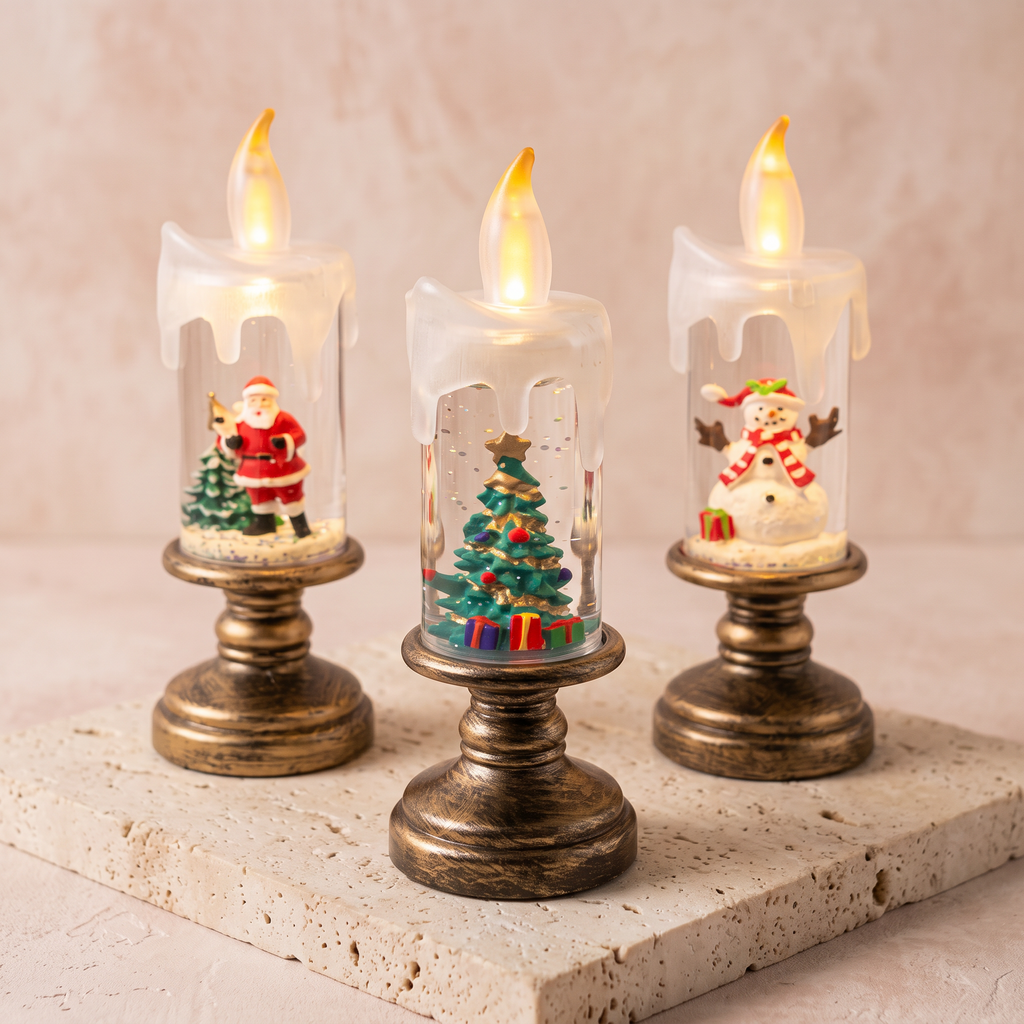 Three flameless LED candle night lights with Santa, Christmas tree and snowman scenes
