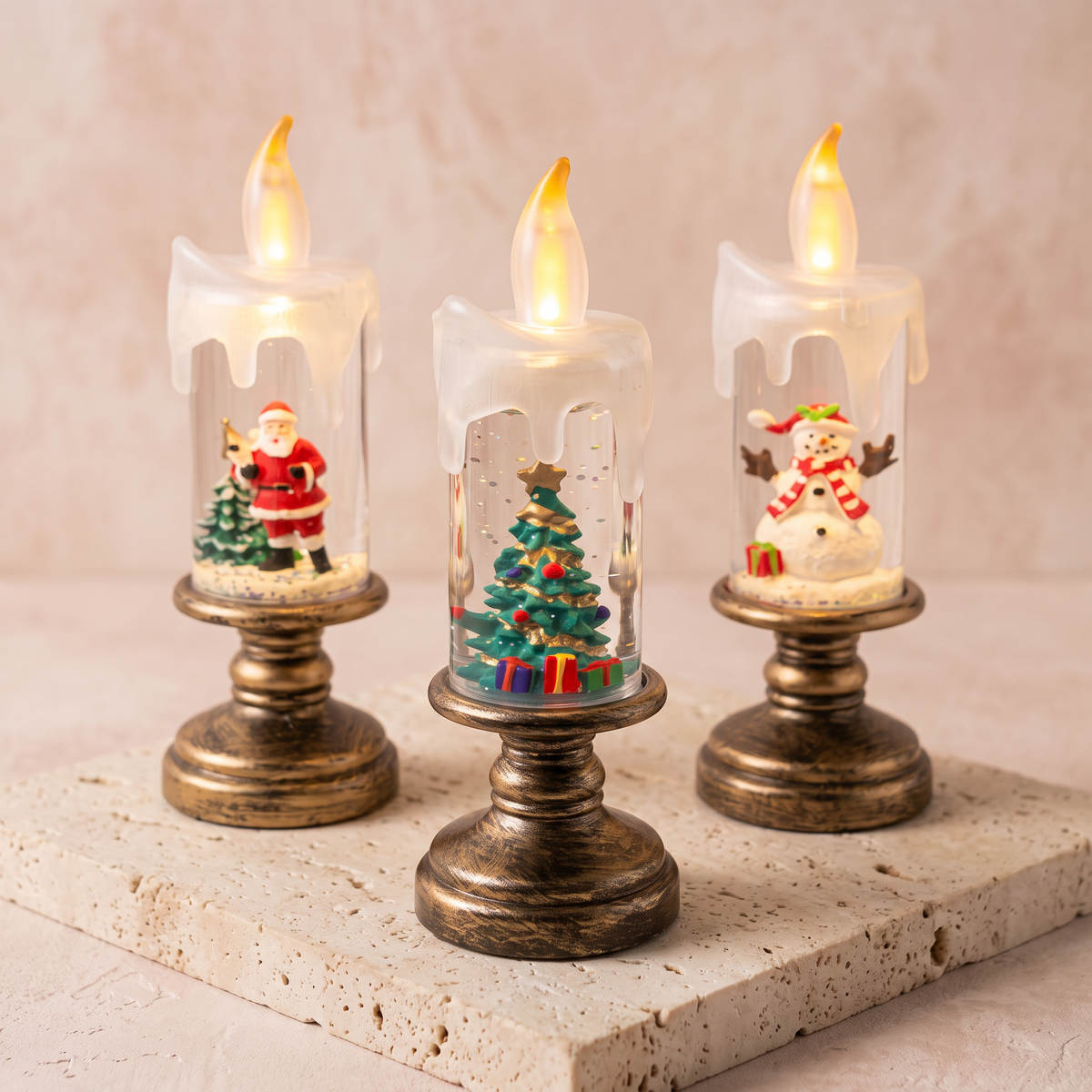 Three flameless LED candle night lights with Santa, Christmas tree and snowman scenes