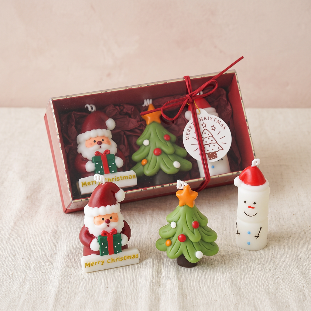 Christmas scented candle gift set with Santa, tree and snowman candles in a red gift box