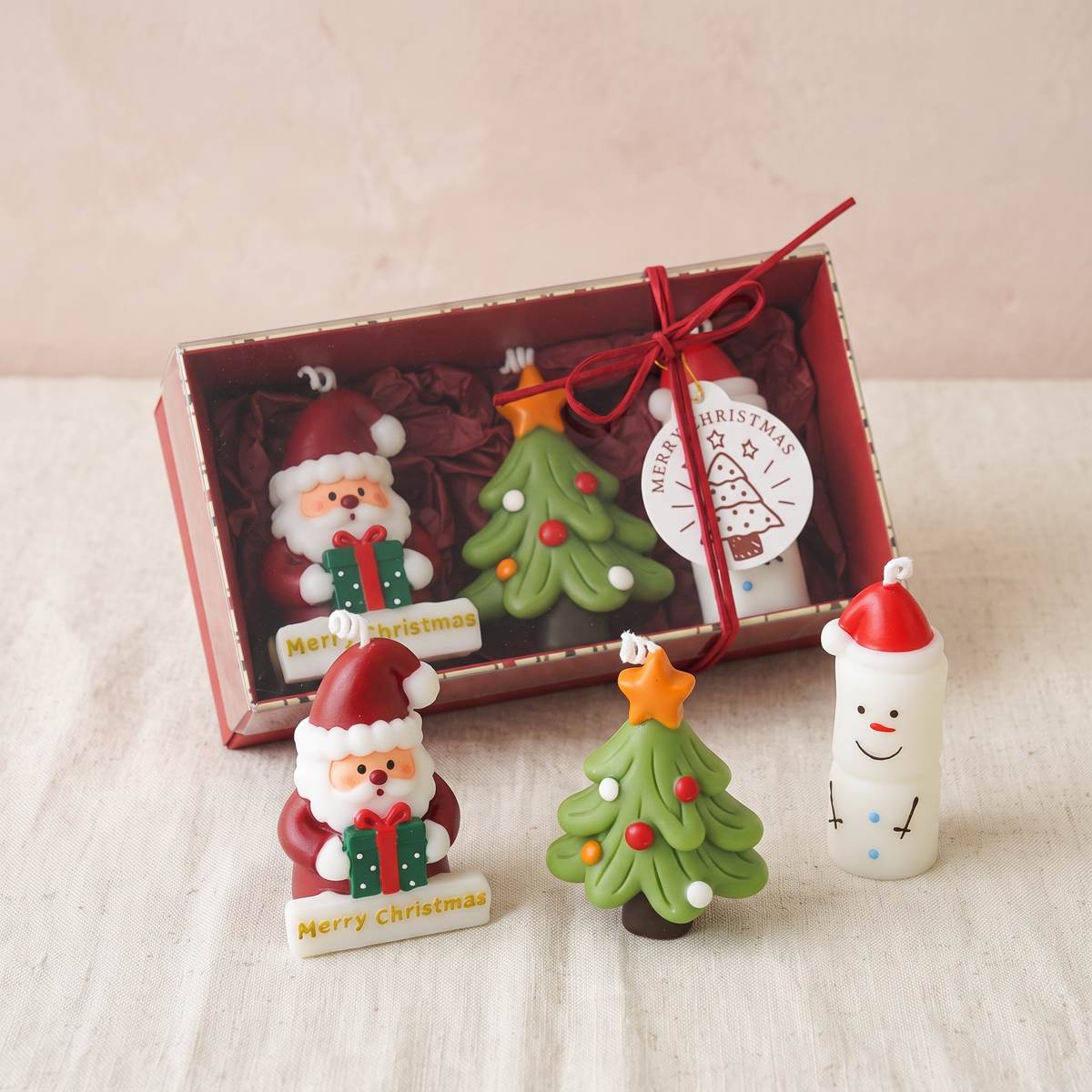 Christmas scented candle gift set with Santa, tree and snowman candles in a red gift box