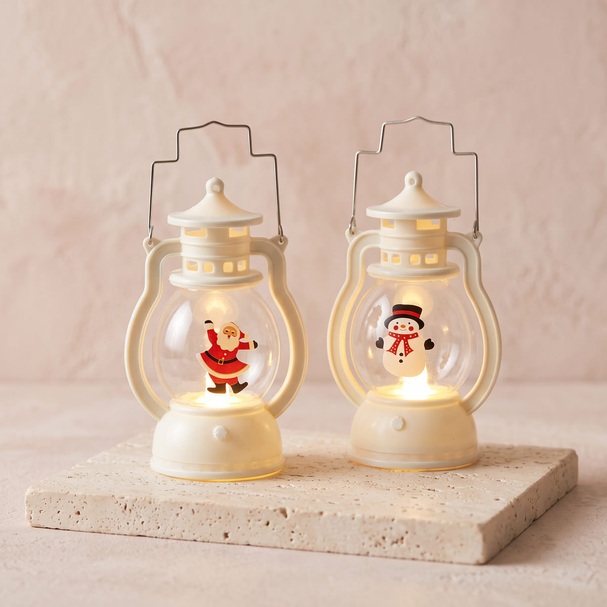 Two mini Christmas lantern night lights with Santa and snowman scenes