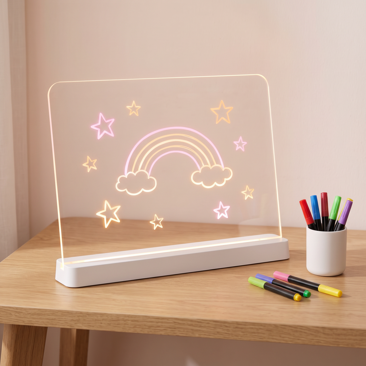 Light-up LED drawing board with a glowing rainbow doodle and marker pens on a desk