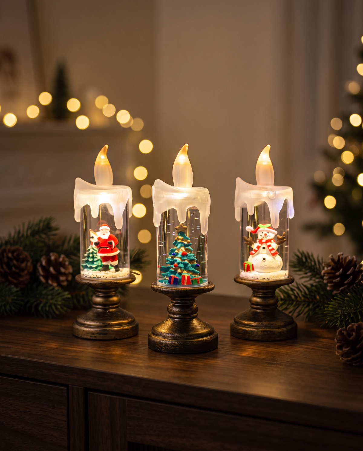Three flameless LED candle lanterns with festive scenes glowing on a wooden sideboard