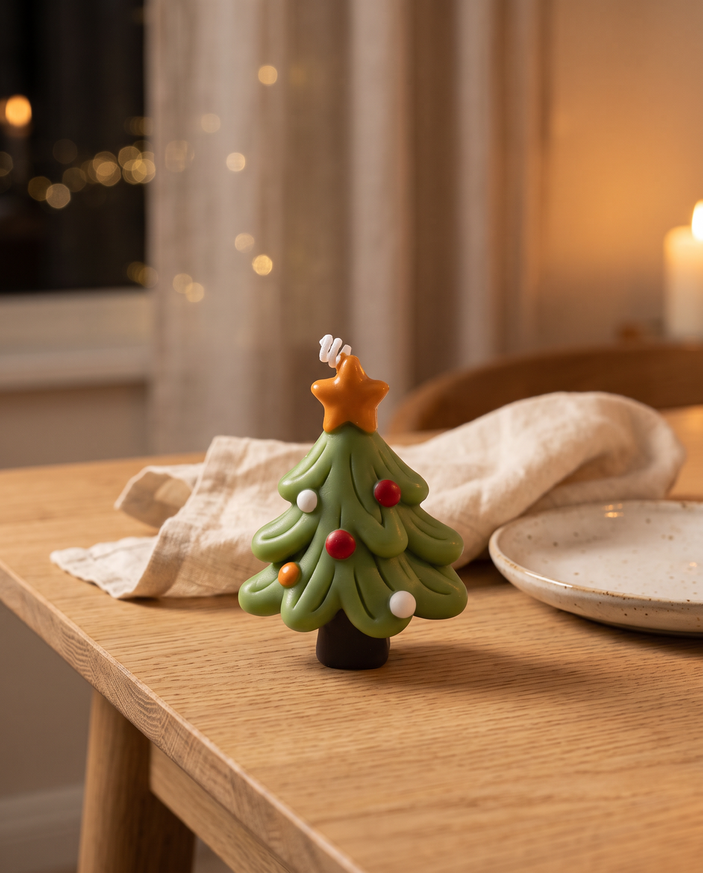Christmas tree figure candle on an oak dining table with linen napkin