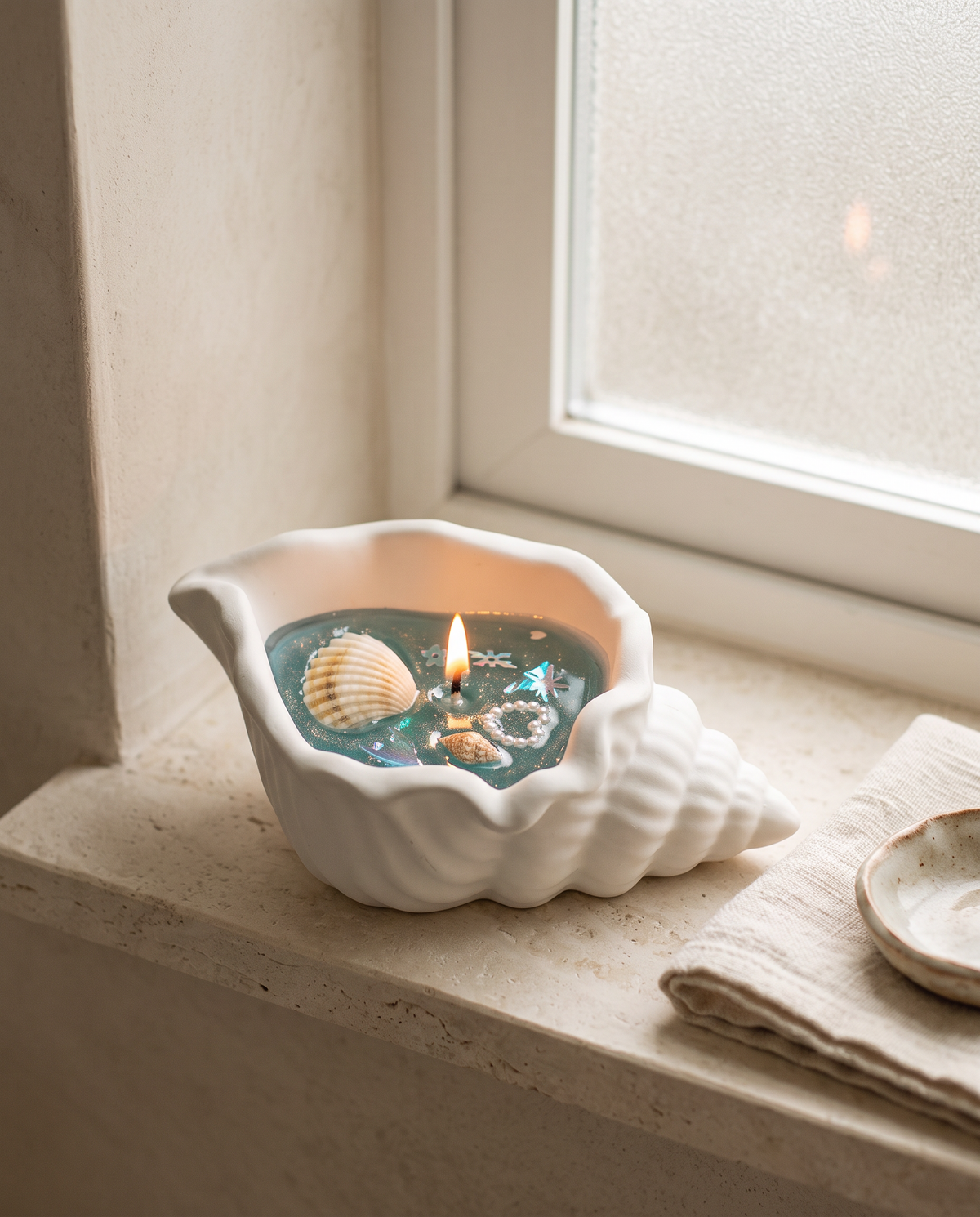 Conch shell candle with seashells burning on a sunlit bathroom window ledge