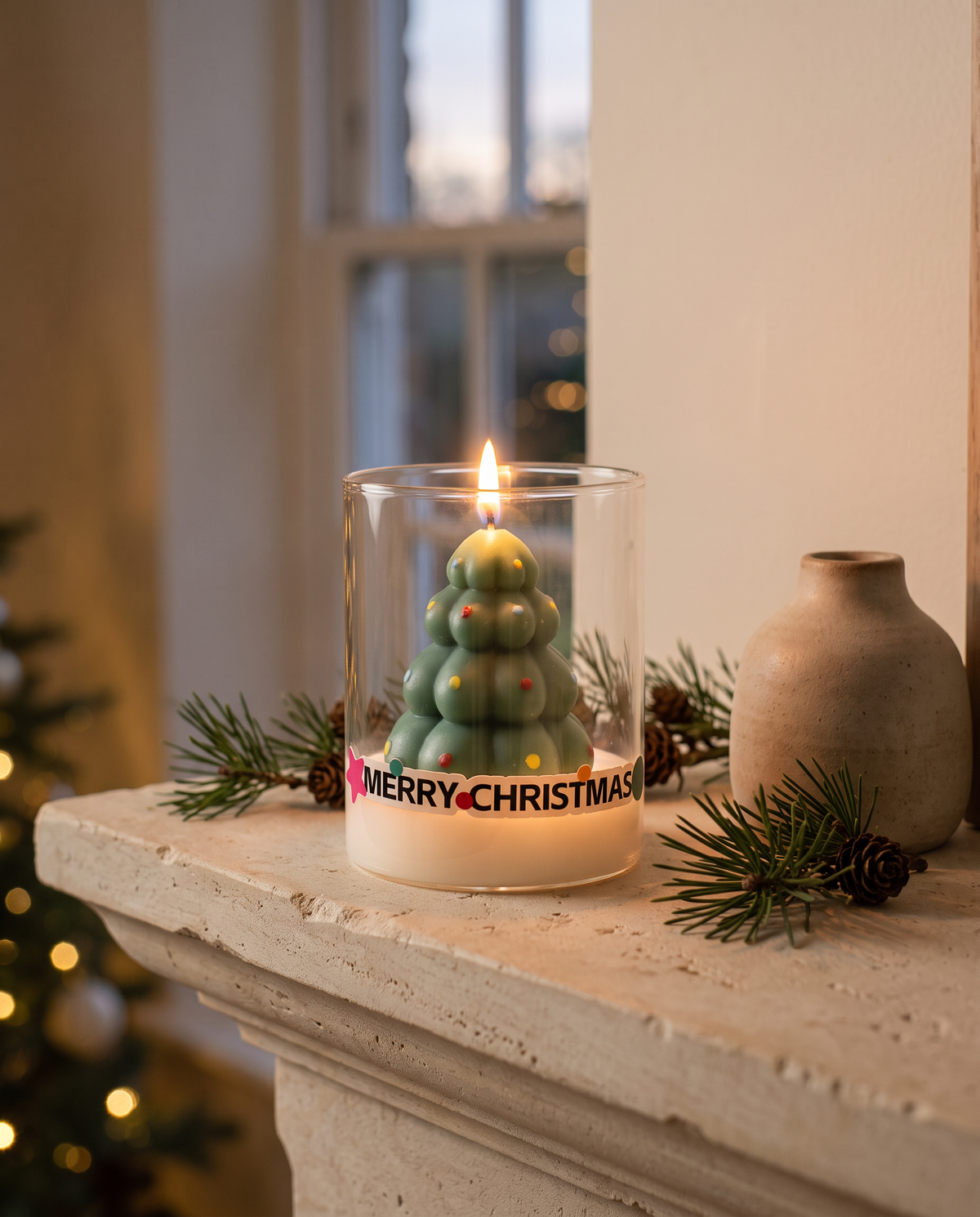 Christmas tree glass cup candle lit on a travertine mantel