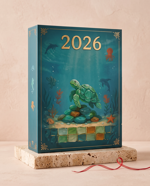 2026 advent calendar countdown box with teal sea-glass artwork on a travertine plinth