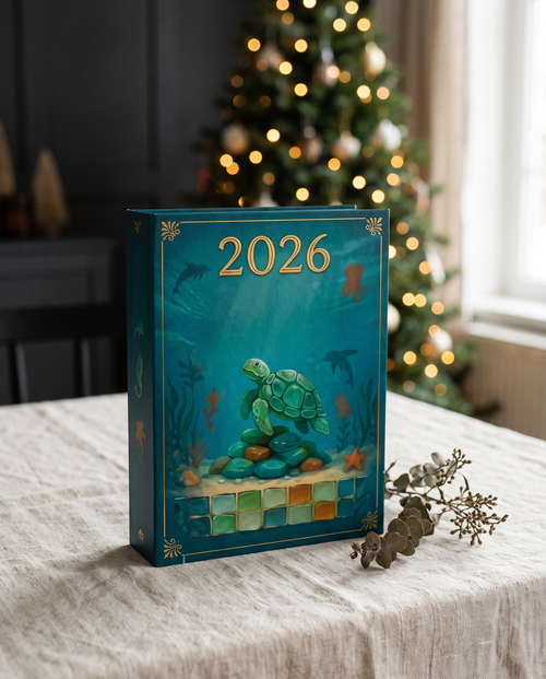 2026 advent calendar box on a linen table in front of a lit Christmas tree